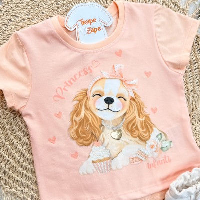  Conj. Blusa Doguinha Princess e Short Corações em Linho - Salmão e Areia